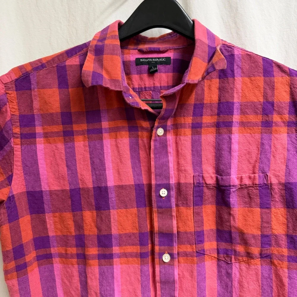 Banana Republic Mens Large Linen Cotton Plaid SS Button Down Shirt Preppy Pink